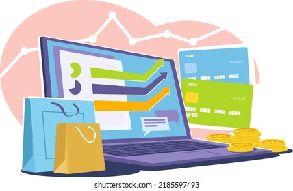 Laptop, Computer Screen With Statistics Of Expenses When Buying Goods Online, Coins And Cards. Personal Spending Plan. The Concept Of Financial Literacy And Family Budget Planning. 