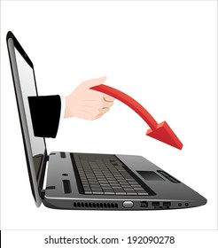 laptop computer screen-hand red arrow and business growth chart 