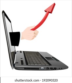 laptop computer screen-hand red arrow and business growth chart 