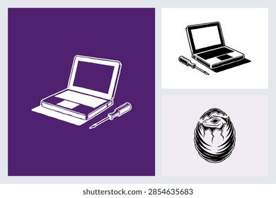 Laptop computer with a screwdriver and a lizard hatching from egg