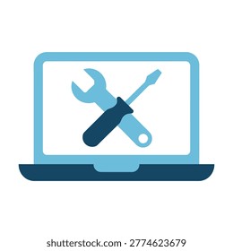 Laptop computer with screwdriver and wrench on screen isolated on transparent background