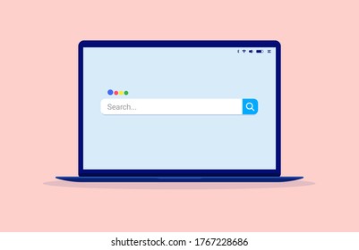 Laptop Computer With Search Engine On Screen. Online Search, And Seeking Information On Internet Concept. Vector Illustration.