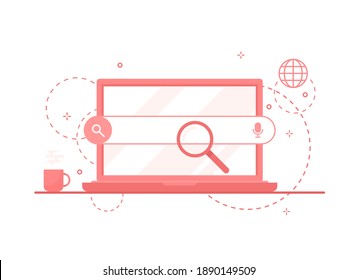 Laptop computer with search engine on screen. Search page via internet browser. SEO, Optimization concept. Browser window interface. Pink. Flat design. Eps 10