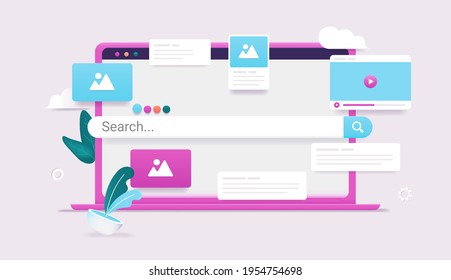 Laptop computer with search engine on screen - Search bar, images, video and information popping out in colourful modern 3d vector illustration.