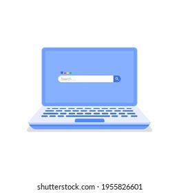 Ordenador portátil con motor de búsqueda en pantalla. Búsqueda en línea y búsqueda de información sobre el concepto de internet. Ilustración vectorial.