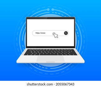 Laptop computer with a search engine on the screen. Click on the search bar to access information. Vector illustration.