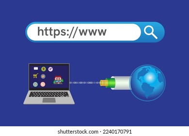 Laptop computer with search engine on monitor. Navigation bar icon. Search www https pictogram. 3d concept illustration.