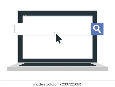 Ordenador portátil con motor de búsqueda en pantalla. Búsqueda en línea y búsqueda de información sobre el concepto de internet. Ordenador portátil o ordenador portátil. página de navegador web en línea en PC monitor para surf, 2135