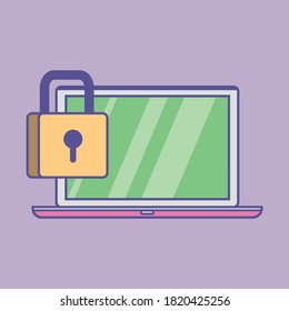 Icono de seguridad de ordenador portátil, pc de escritorio de dibujos animados planos con bloqueo cerrado, concepto de protección de cortafuegos, acceso a la privacidad, datos privados, servicio de seguridad o sistema. Ilustración del vector
