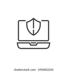 Laptop computer security line icon. linear style sign for mobile concept and web design. Laptop security shield outline vector icon. Symbol, logo illustration. Vector graphics
