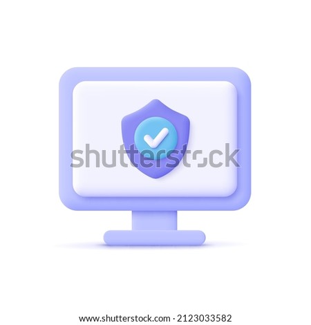 Laptop computer with security shield symbol. Data protection, internet security concept. 3d vector icon. Cartoon minimal style.