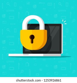 Laptop computer security vector icon, flat cartoon desktop pc with closed lock, concept of firewall protection, privacy access, private data, safety service or system, prohibit or forbidden access