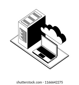 laptop computer with server data and cloud computing isometric