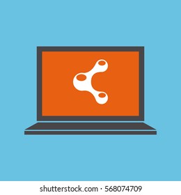 laptop computer with share icon on screen over blue background. colorful design. vector illustration