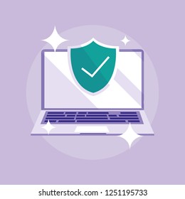 laptop computer with shield and check symbol