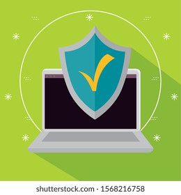 laptop computer and shield with check symbol vector illustration design