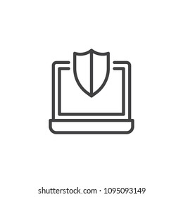 Laptop computer with shield outline icon. linear style sign for mobile concept and web design. Antivirus software line vector icon. Symbol, logo illustration. Pixel perfect vector