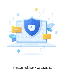 Laptop computer and shield with padlock, folder, e-mail. Concept of secure protection of user documents and files, protected access to personal information. Vector illustration in pseudo 3d style.