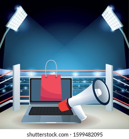 Laptop computer with shopping bag and megaphone over boxing ring background, colorful design, vector illustration