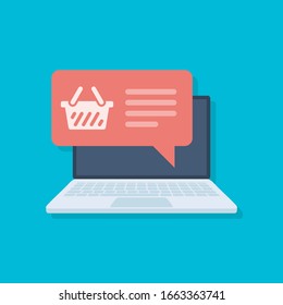 Ordenador portátil con cesta de compras en pantalla. Concepto de vector de compra en línea. Diseño de pantalla de comercio por Internet.