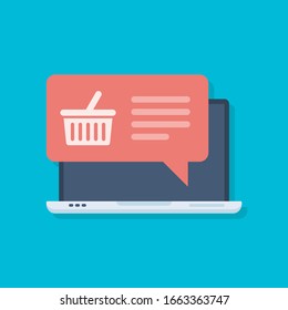 Laptop computer with shopping basket on display. Online shopping vector concept. Internet commerce display design.