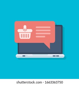 Laptop computer with shopping basket on display. Online shopping vector concept. Internet commerce display design.