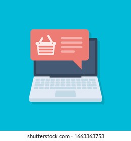 Laptop computer with shopping basket on display. Online shopping vector concept. Internet commerce display design.