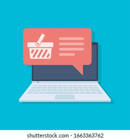 Ordenador portátil con cesta de compras en pantalla. Concepto de vector de compra en línea. Diseño de pantalla de comercio por Internet.