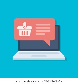 Ordenador portátil con cesta de compras en pantalla. Concepto de vector de compra en línea. Diseño de pantalla de comercio por Internet.
