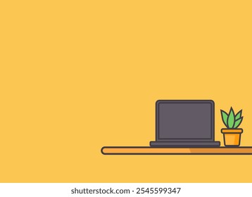 Una computadora portátil y una Pequeña planta verde en una olla están sobre una mesa. El fondo es amarillo. Gráfico de Vector minimalista