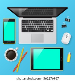 Laptop computer, smart phone and digital tablet realistic vector illustration. Top view for mock up design