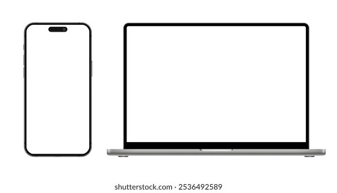 Laptop und Smartphone mit leerem Bildschirm, modernes Mobiltelefon und PC-Gerät mit leerem Display für ui, ux, App, Website, Geräte auf transparentem Hintergrund