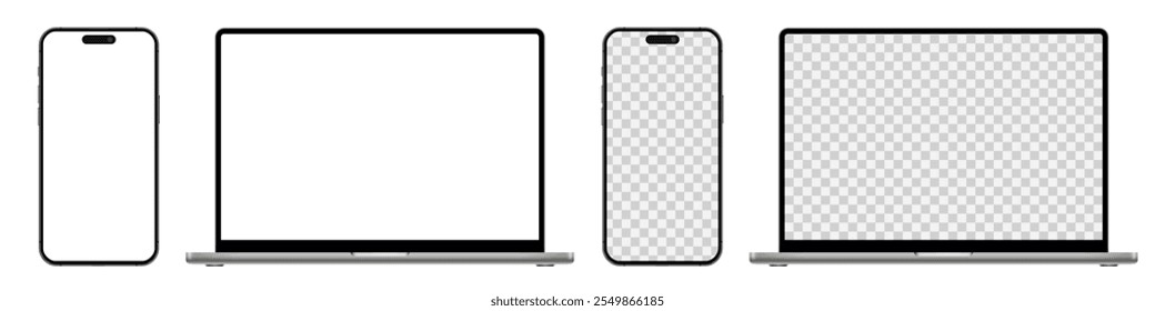 Laptop und Smartphone mit leerem Bildschirm, modernes Mobiltelefon und PC-Gerät mit leerem Display für ui, ux, App, Website, Geräte auf transparentem Hintergrund