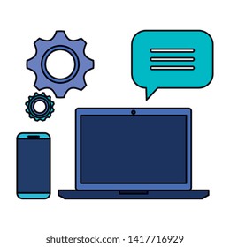 laptop computer with smartphone and gears