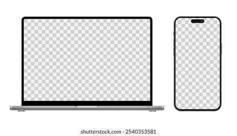 Laptop und Smartphone mit leerem Bildschirm, modernes Mobiltelefon und PC-Gerät mit leerem Display für ui, ux, App, Website, Geräte auf transparentem Hintergrund