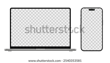 Laptop computer and smartphone IPhone with blank screen, modern mobile phone and pc device mockup with empty display for ui, ux, app, website, devices on transparent background