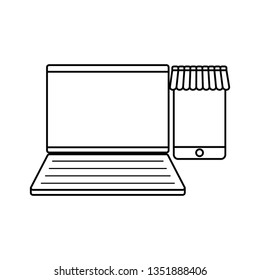 laptop computer with smartphone and parasol