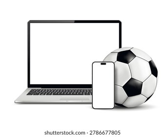Laptop computer with smartphone and soccer ball isolated on white background