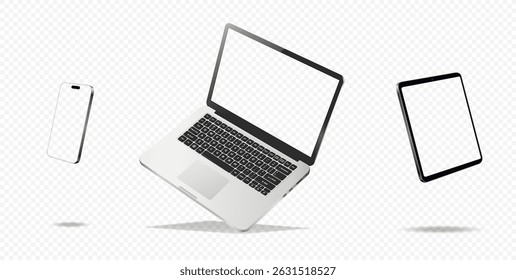 Laptop computer, smartphone and tablet with empty screen while levitating in the air on a transparent background