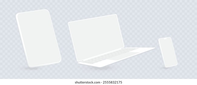 Laptop Computer, Smartphone, and Tablet Levitating on a Transparent Background. Vector.