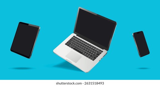 Laptop computer, smartphone and tablet while levitating in the air on a blue background