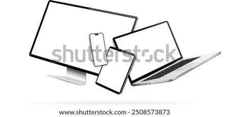 Laptop, computer, smartphone and tablet while levitating in the air on a white background