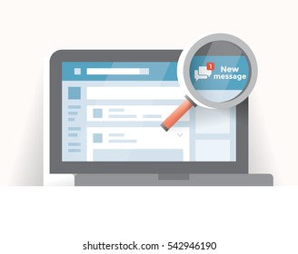 Laptop computer social media (Facebook, Twitter, Vkontakte) network notification new chat message icon under magnifying glass on screen. Concepts: Online messaging, friendship, communication, blogging