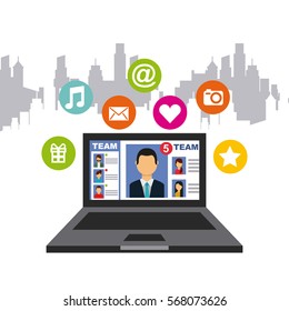 laptop computer with social media icons around over white background. colorful design. vector illustration