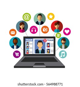 laptop computer with social media profile on screen and icons around over white background. colorful design. vector illustration