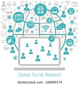 Laptop Computer with Social Network Icons Concept, Media, Business Marketing