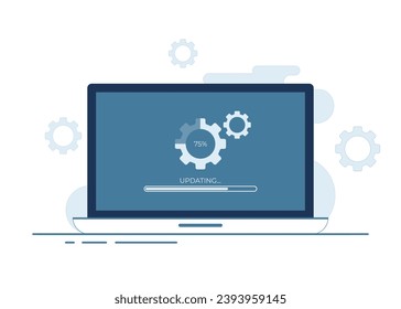 Laptop computer with software update screen flat vector illustration, System maintenance, update process, install software, operating system, 