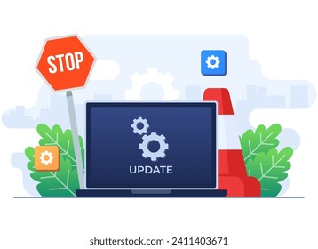 Laptop computer with software update screen flat vector illustration, System maintenance, update process, install software, operating system,