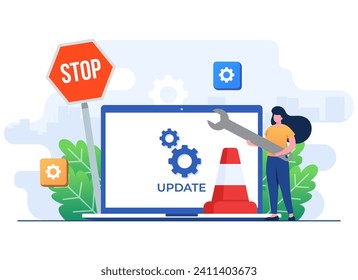 Laptop computer with software update screen flat vector illustration, System maintenance, update process, install software, operating system