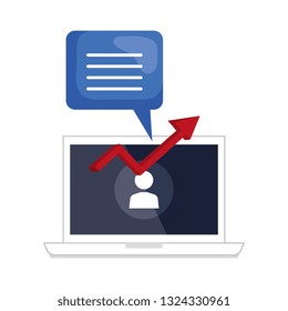 laptop computer with speech bubble and arrow statistics